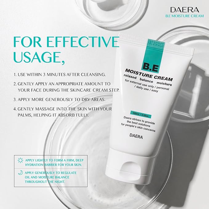 DAERA B.E Cream- Korean Moisturizer, Lightweight All Skin Type, Sensitive Skin, Trahalose & Hyaluronic Acid, Centella Asiatica,Fast Absorbing, Lightweight, Korean Skin Care (3.38 oz)