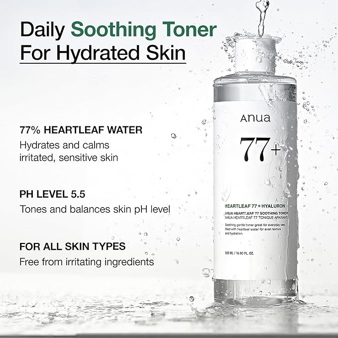 Anua Heartleaf 77 Soothing Toner I pH 5.5 Trouble Care, Calming Skin, Refreshing, Hydrating, Purifying, Cruelty Free, Vegan,(250ml / 8.45 fl.oz.)