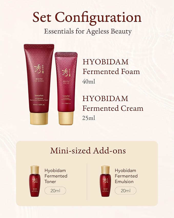Sooryehan Hyobidam Fermented Travel Kit (Pack of 4) - Herbal korean skincare set with Toner, Emulsion, Cream & Cleansing Foam, featuring Baekhyodan™ & Silver Mushroom. for hydration & elasticity.
