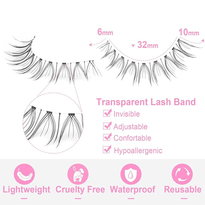 False Lashes Natural Look Short False Eyelashes Wispy 100% Handmade Clear Band Lashes Cat Eye Korean Faux Mink Strip Eyelashes Pack 14 Pairs