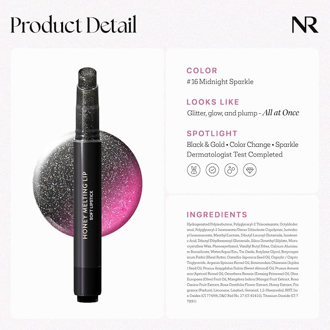 Nature Republic HONEY MELTING LIP GLITTER & PLUMPING (16 MIDNIGHT SPARKLE) SOFT LIP STICK Moisturizing Gloss, Volumizing formula, Color changing Sheer tint, Shine Glimmer Finish, Stocking Stuffers