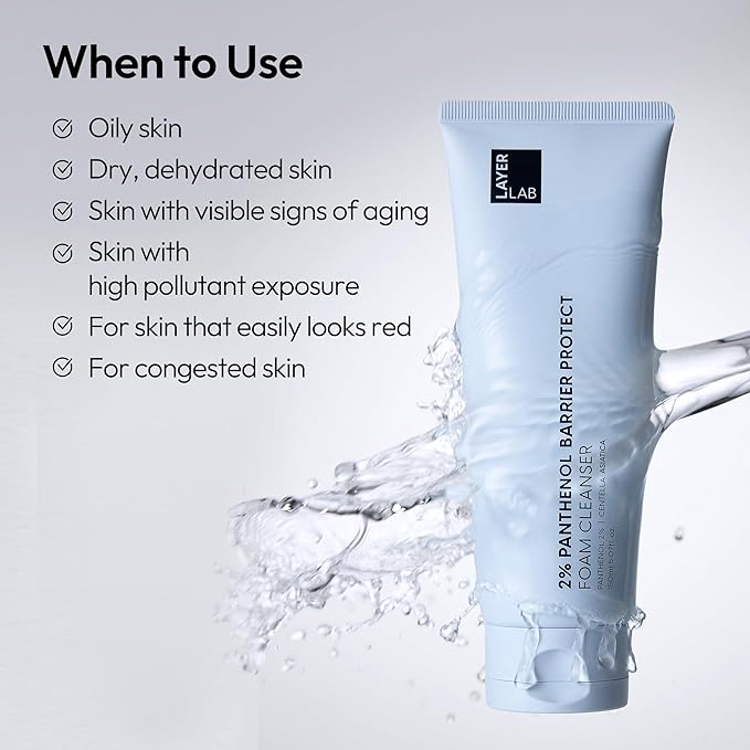 LAYERLAB Korean Face Wash with 2% Panthenol | Hydrating Foam Cleanser for Deep Pore Cleansing & Sebum Control | Helps Support Moisture Barrier, For Oily 150ml 5.07 fl oz (Blue)