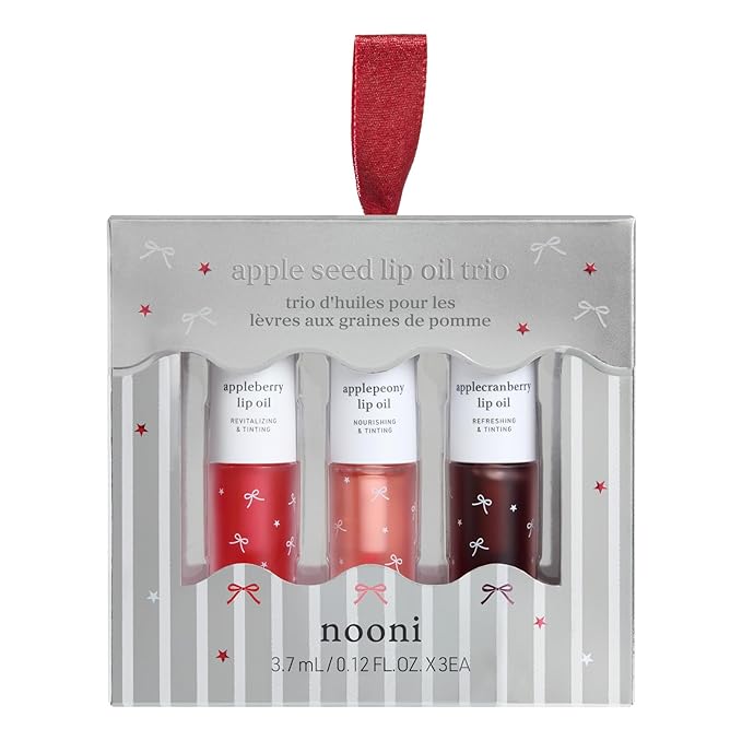 NOONI Korean Lip Oil Gift Set - Appleseed Lip Oil Trio | 2025 Holiday Ribbon Limited Edition, Korean Lip Stain, Long Lasting Hydration, Moisturizing, Plumping, Stocking Stuffers, 0.12 Fl. Oz. x 3ea