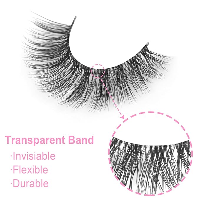False Eyelashes Natural Look Clear Band Mink Lashes 5D Cat Eye Lashes Wispy Faux Mink Strip Lashes Pack by Kiromiro