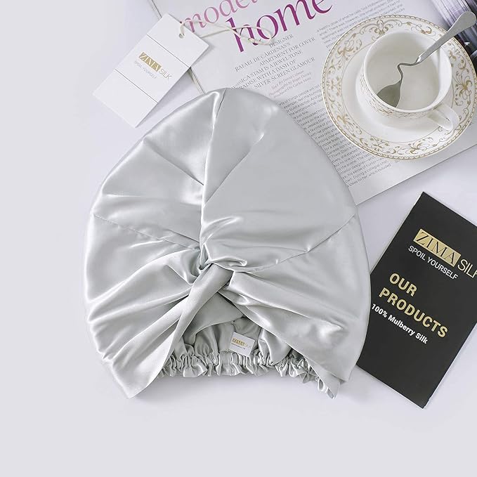 ZIMASILK 22 Momme 100% Mulberry Silk Bonnet for Sleeping & Women Hair Care, Highest Grade 6A Silk Hair wrap for Sleeping with Premium Elastic Stay On Head (1Pc, Light Grey)