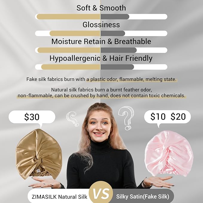 ZIMASILK 22 Momme 100% Mulberry Silk Bonnet for Sleeping & Women Hair Care, Highest Grade 6A Silk Hair wrap for Sleeping with Premium Elastic Stay On Head (1Pc, Golden)
