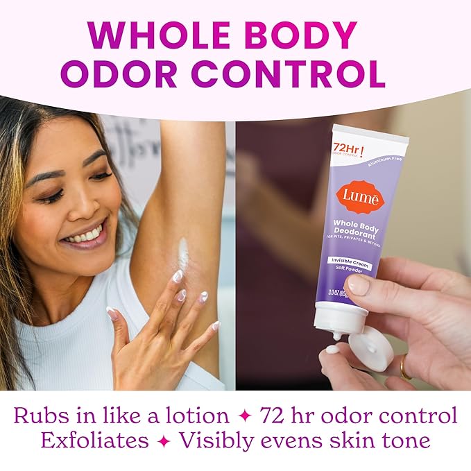 Lume Whole Body Deodorant - Invisible Cream Tube - 72 Hour Odor Control - Aluminum Free, Baking Soda Free, Skin Safe - 3.0 ounce (Pack of 2) (Soft Powder)