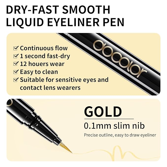 docolor Eyeliner, 2PCS Gold Liquid Eyeliner Waterproof Eye Liner Pen Super Slim Precise All Day Gold Eye Pencils Professional Makeup Liquid Eye Liner Pencil for Women