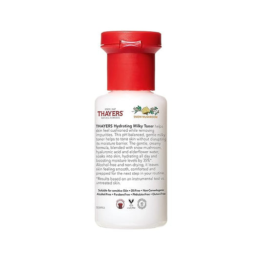 Thayers Milky Hydrating Face Toner with Snow Mushroom, Hyaluronic Acid and Elderflower, Dermatologist Recommended Gentle Alcohol Free Facial Skincare for Dry and Sensitive Skin, Paraben Free, 3 FL oz