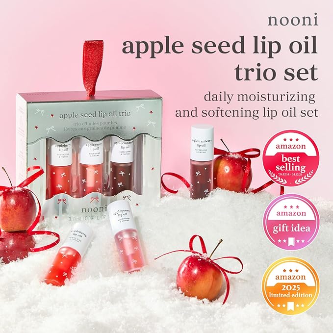 NOONI Korean Lip Oil Gift Set - Appleseed Lip Oil Trio | 2025 Holiday Ribbon Limited Edition, Korean Lip Stain, Long Lasting Hydration, Moisturizing, Plumping, Stocking Stuffers, 0.12 Fl. Oz. x 3ea