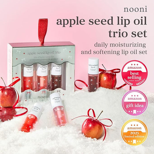NOONI Korean Lip Oil Gift Set - Appleseed Lip Oil Trio | 2025 Holiday Ribbon Limited Edition, Korean Lip Stain, Long Lasting Hydration, Moisturizing, Plumping, Stocking Stuffers, 0.12 Fl. Oz. x 3ea