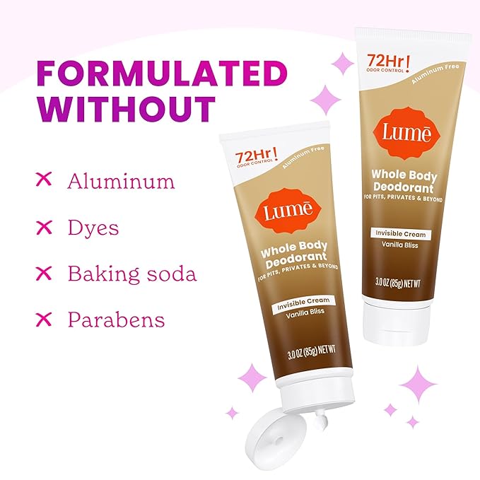 Lume Whole Body Deodorant - Invisible Cream Tube - 72 Hour Odor Control - Doctor Developed - Aluminum Free, Baking Soda Free and Skin Loving - 3.0 Ounce (Vanilla Bliss)