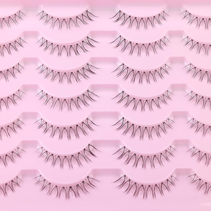 False Lashes Natural Look Short False Eyelashes Wispy 100% Handmade Clear Band Lashes Cat Eye Korean Faux Mink Strip Eyelashes Pack 14 Pairs