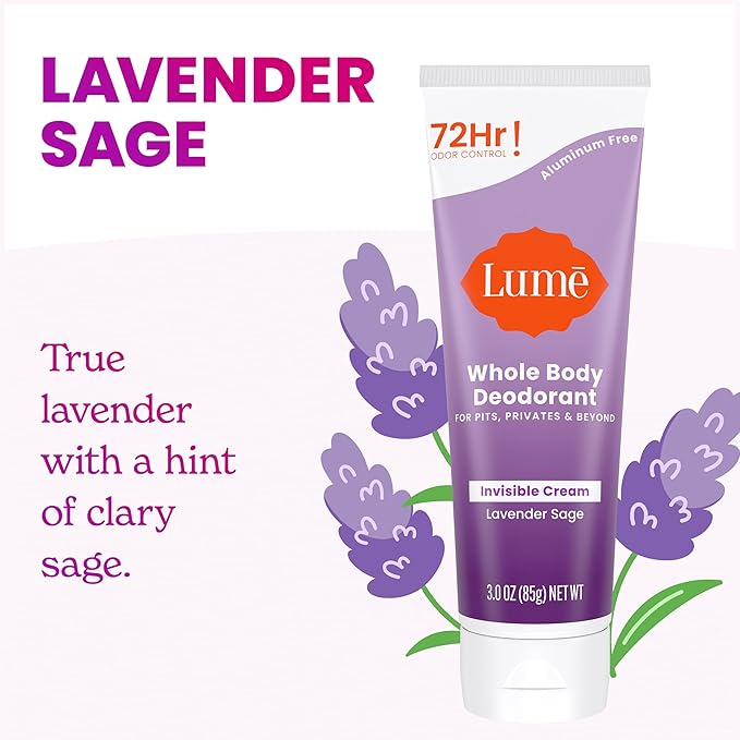 Lume Whole Body Deodorant - Invisible Cream Tube - 72 Hour Odor Control - Aluminum Free, Baking Soda Free, Skin Safe - 3.0 ounce (Pack of 2) (Lavender Sage)