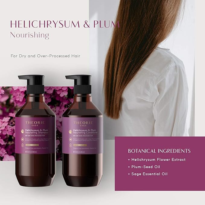 Theorie Helichrysum and Plum Nourishing Shampoo - Enrich and Soothe - Suited for Dry & Over Processed Hair - Protects Color & Keratin Treated Hair, Pump Bottle 800mL - Label Design May Vary