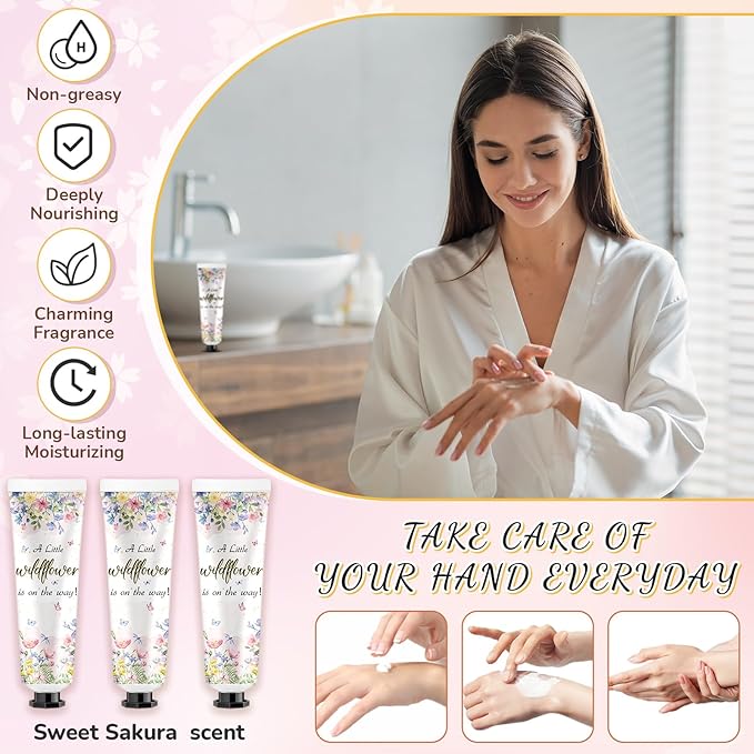 48 Sets a Little flower Is on The Way Baby Shower Hand Cream Bulk Baby Shower Favors Gifts Bridal Thank You Hand Cream for Guests Travel Size Lotion with Organza Bags