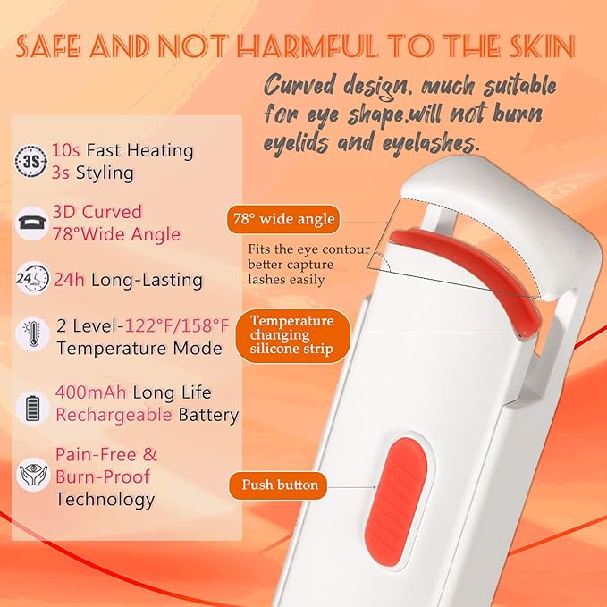 Heated Eyelash Curler - Wide Open Dual-Arc Design Heated Lash Curler - Electric Eyelash Curler - Type-C Rechargeable Mini Lash Curler Natural Curling 24H Long Lasting for Women - Ivory White