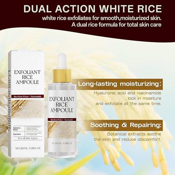 2-Pack Black & White Rice Exfoliating Ampoule, Gentle Rice Peel Facial & Body Treatment, Korean Skincare for All Skin Types with Dual Rice Enzymes