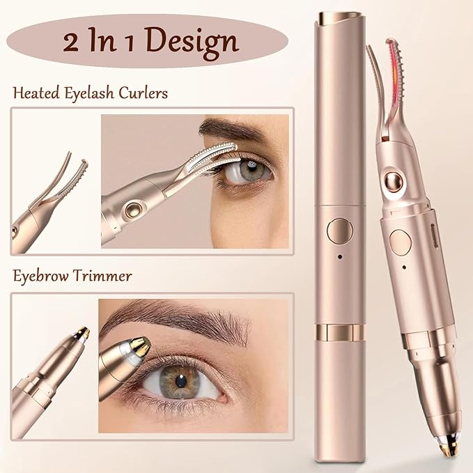 2 in 1 Heated Eyelash Curlers and Eyebrow Trimmer for Women, Electric Eyelash Curler with 2 Temperature Modes Anti-Burn USB Rechargeable Heated Eyelash Curler, Ideal Gift for Women (Gold)
