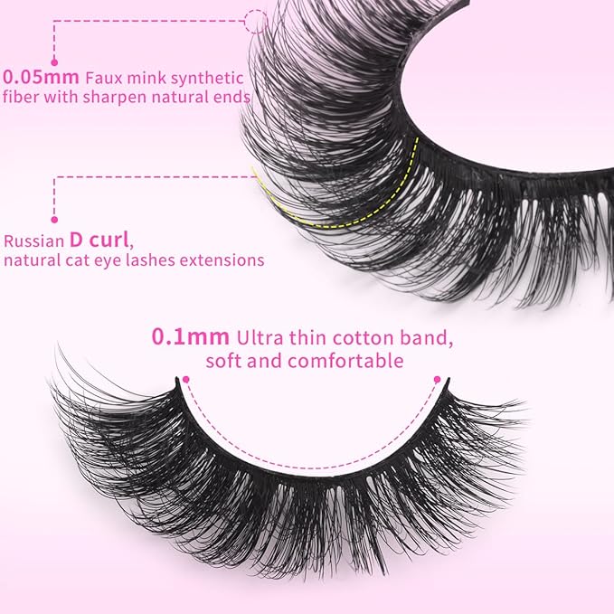 False Eyelashes D-Curl Faux Mink Lashes Fake Lashes Extensions Wispy Lash Soft Russian Strip Eyelashes Pack, 14 Pairs
