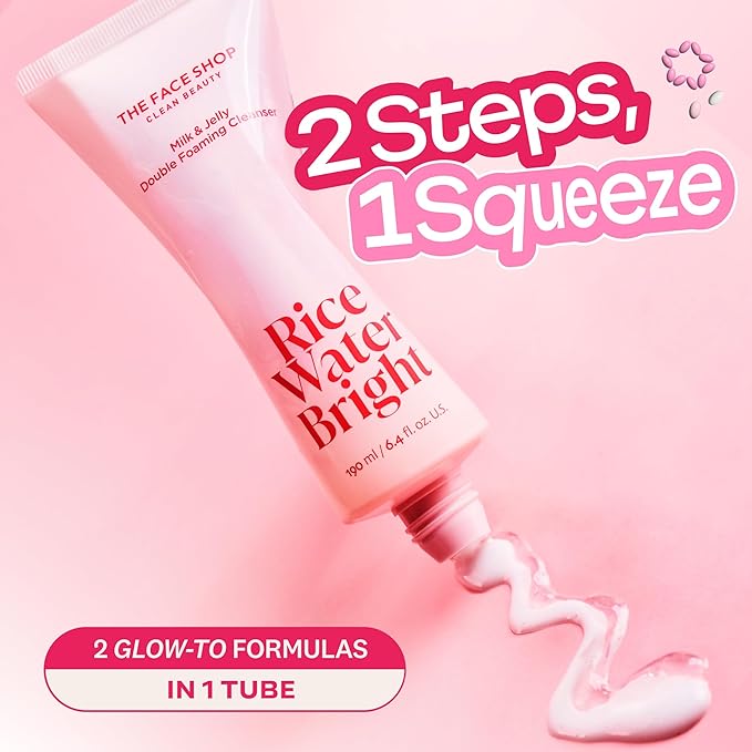 The Face Shop Rice Water Bright Double Foaming Cleanser, 2-in-1 Milky and Jelly Texture, Gentle Face Wash for Hydrating & Moisturizing, Makeup Remover, Korean Skin Care, Vegan, 6.4 fl. oz.
