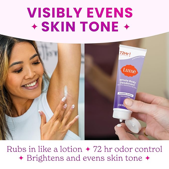 Lume Whole Body Deodorant - Invisible Cream Tube - 72 Hour Odor Control - Doctor Developed - Aluminum Free, Baking Soda Free and Skin Loving - 3.0 Ounce, Pack of 2 (Soft Powder & Toasted Coconut)