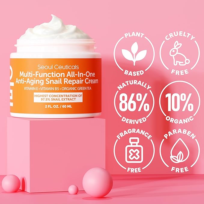 SeoulCeuticals Korean Skin Care 97.5% Snail Mucin Moisturizer Cream - K Beauty Skincare Day & Night Snail Repair Cream Filtrate Cruelty Free 2oz