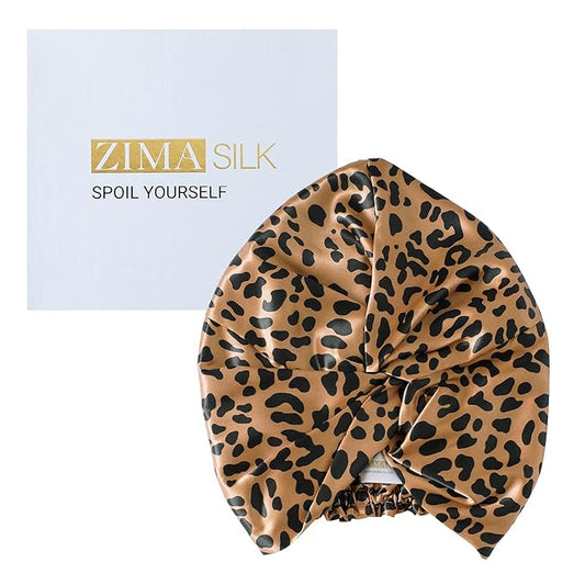 ZIMASILK 22 Momme 100% Mulberry Silk Bonnet for Sleeping & Women Hair Care, Highest Grade 6A Silk Hair wrap for Sleeping with Premium Elastic Stay On Head (1Pc, Leopard Black/Golden)