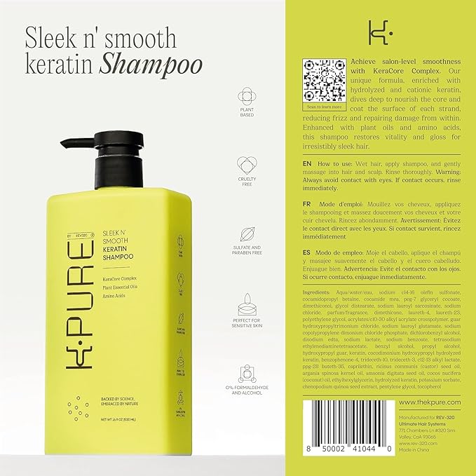 Rev320 Sleek N' Smooth Keratin Shampoo by K-Pure, KeraCore Technology, Sulfate & Paraben Free, Anti Frizz Shampoo for Strengthening, Smoothing and Shine, for Thinning Hair for Women, for Damaged Hair