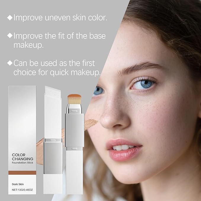 New Blanc Cover Cream Stick V - Color Changing Foundation Stick - Hydrating Concealer Base Makeup, Dual-Ended with Built-in Brush, Portable for Daily Use (Dark Skin)