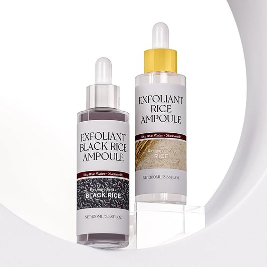2-Pack Black & White Rice Exfoliating Ampoule, Gentle Rice Peel Facial & Body Treatment, Korean Skincare for All Skin Types with Dual Rice Enzymes