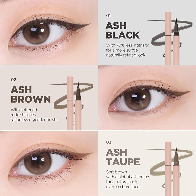 lilybyred AM9 to PM9 Survival Penliner Natural | Korean Soft Ash Tone Liquid Eyeliner, 0.1mm Ultra-Fine Brush, Quick-Dry, Smudge-Proof, Layerable Ash Pigment, Buildable Color, 0.035 oz. (02 Ash Brown)