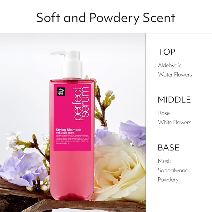 Mise En Scene Hair Perfume Shampoo - Perfect Styling Serum Shampoo - with Peony and Rose Scent, Styling Memory & Heat Protection, Enriched with Argan Oil, Daily Nourishing, 22.99 Fl. Oz.