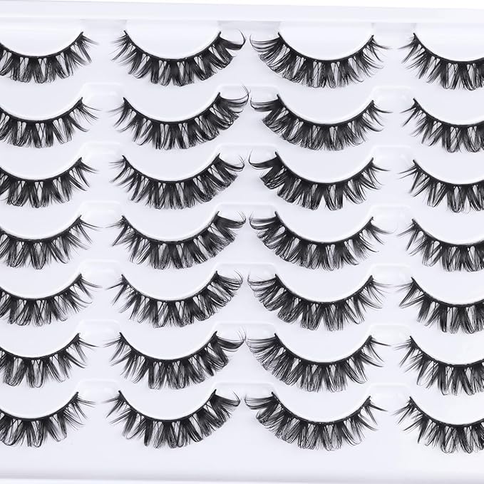 Fake Eyelashes Wispy Faux Mink Lashes D Curly 3D Volume False Lashes Russian Strip Lashes Pack, 14 Pairs