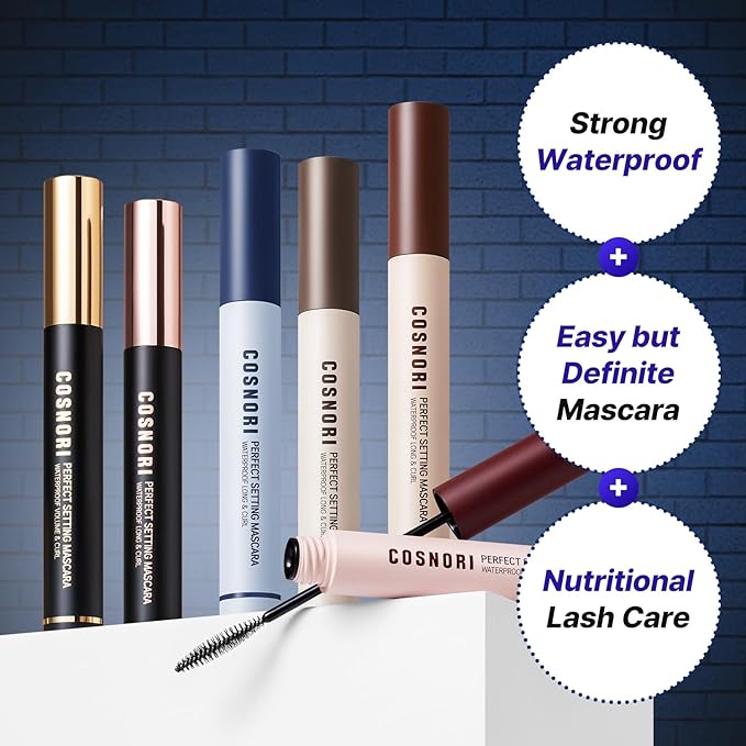 COSNORI Perfect Setting Waterproof Mascara Long&Curl 02 Cozy Brown – Long Lasting Smudge - Brown Mascara - Soft Definition for Blue & Green Eyes - K Beauty - 0.23fl oz (7ml)