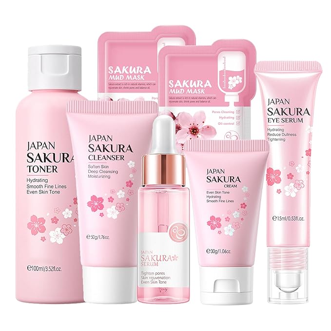 Skin Care Set Sakura Women Beauty Gift Sets Korean Skin Care Kit- Cleanser,Serum,Face Cream,Toner,Eye Cream,Mud Mask-Skin Care Routine Kit (One Size, Cherry Blossom-StyleA-Bae Moisturizing)