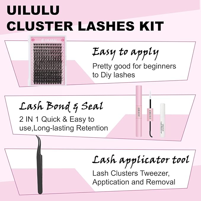 Lash Clusters Kit for DIY Lash Extension at Home, False Eyelashes Set with Bond Seal, Remover, Brush, Tweezers, D Curl Wispy Individual Clusters Lashes Eye Lash Extensions (U03 DIY Lash Kit)