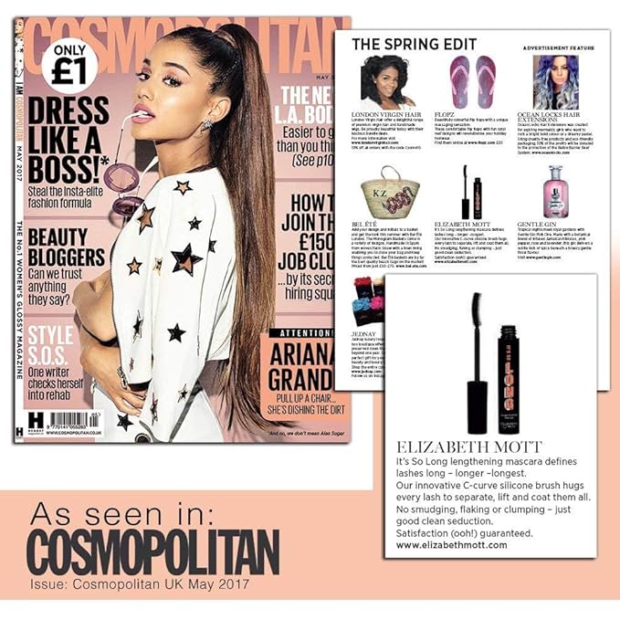 Elizabeth Mott Black Lengthening Mascara – Smudge-Proof, Water-Resistant, No Clump or Flake, Volumizing, Curling & Lash-Extending Fiber Formula with C-Curve Silicone Brush for Full, Long Lashes – 8ml