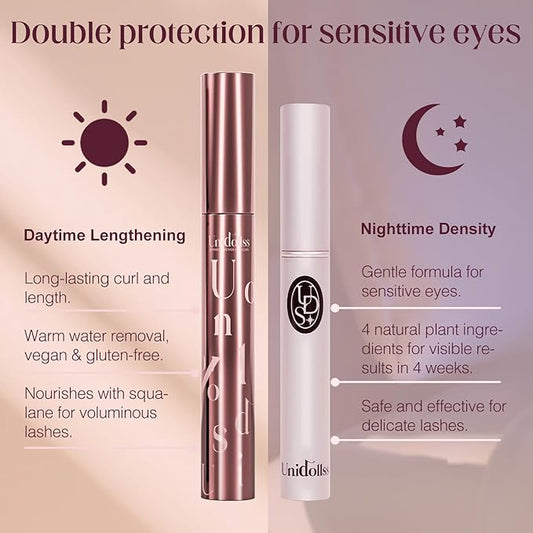 Unidollss Tubing Mascara Volume and Length Black and Lash Serum Set Lengthening Long Lasting All Day,Eyelash Growth Serum for Thicker,Longer Lash and Eyebrow,Tubing Mascara for 30+ Women,Gluten-free