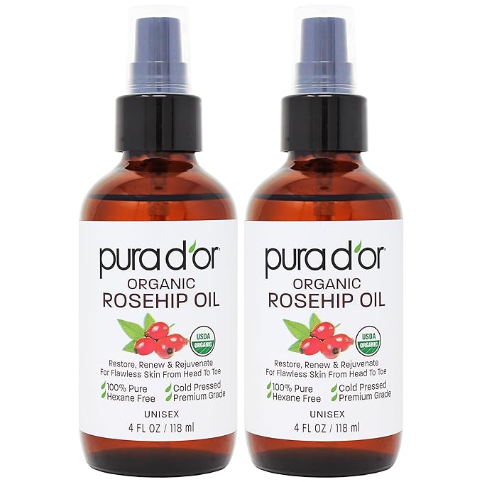 PURA D'OR ORGANIC Rosehip Seed Oil Hair Relaxer (4 Oz x2 = 8 Oz) 100% Pure Cold Pressed USDA Certified All Natural Anti-Aging, Scar Treatment, Gua Sha Massage, Face, Hair & Skin - Women & Men
