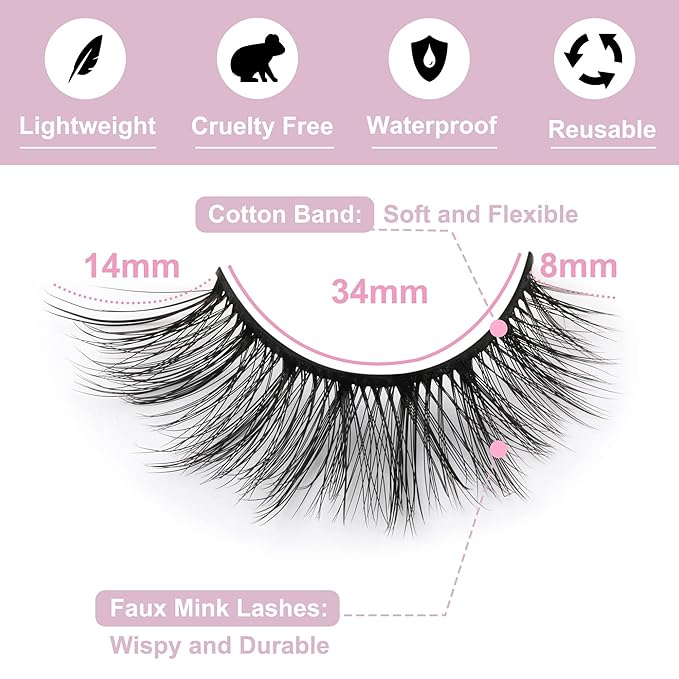 False Eyelashes 14mm Faux 3D Mink Lashes Natural Look Cat Eye Wispy Lashes Pack by Kiromiro, 14 Pairs