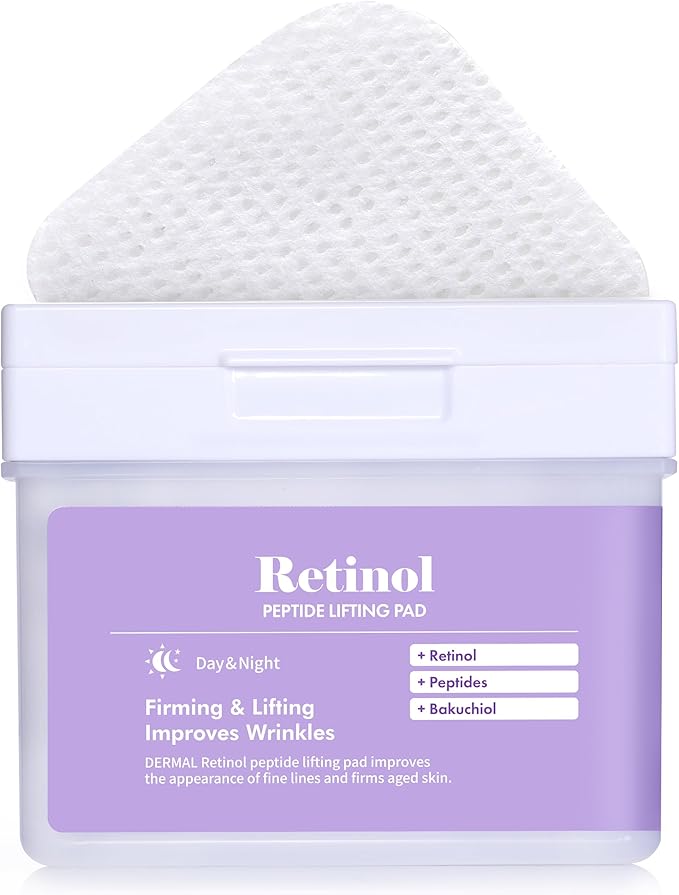 DERMAL Retinol Peptide Lifting Pad - Korean Toner Pad for Anti-Aging & Wrinkles with Bakuchiol - Vegan Pure Cotton Square Pads - High Capacity, 120 Sheets