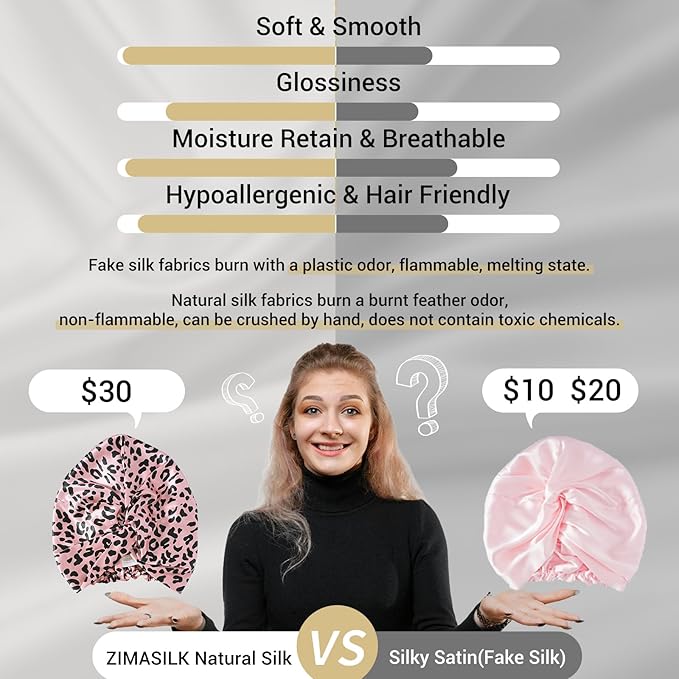 ZIMASILK 22 Momme 100% Mulberry Silk Bonnet for Sleeping & Women Hair Care, Highest Grade 6A Silk Hair wrap for Sleeping with Premium Elastic Stay On Head (1Pc, Leopard Black/Pink)