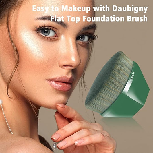 Foundation Makeup Brush Flat Top Kabuki Brush Hexagon Face Blush Liquid Powder Foundation Brush for Blending Liquid, Cream or Flawless Powder Cosmetics with Bonus Protective Case (Green)