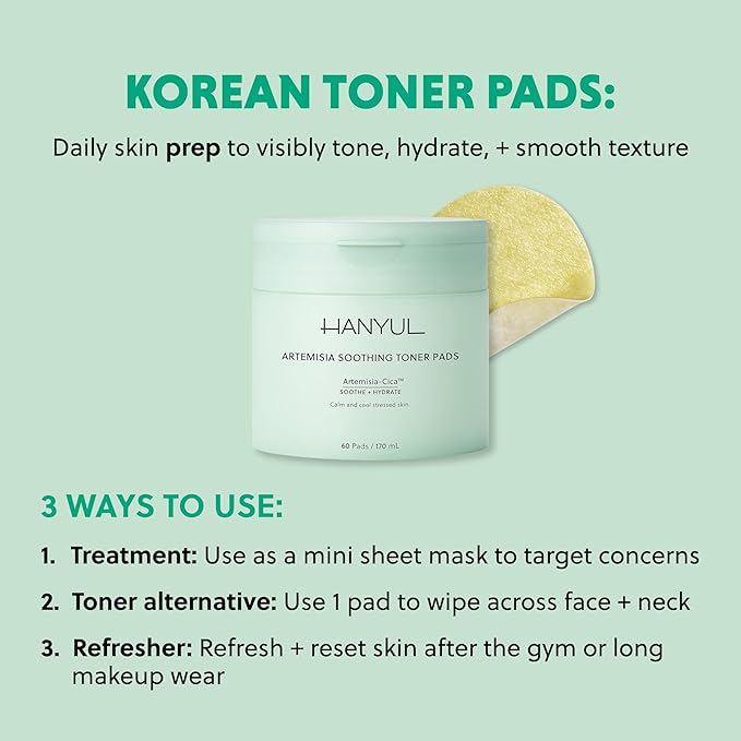 HANYUL Artemisia Soothing Toner Pads with Centella Asiatica and Hyaluronic Acid | Hydrating & Calming Pre-Makeup Facial Pads for Sensitized Skin, Dual-Layer Design, 60 Count