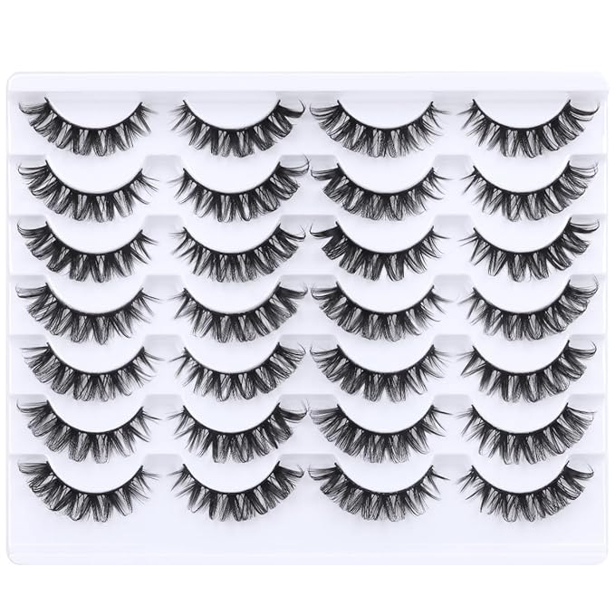 Fake Eyelashes Wispy Faux Mink Lashes D Curly 3D Volume False Lashes Russian Strip Lashes Pack, 14 Pairs
