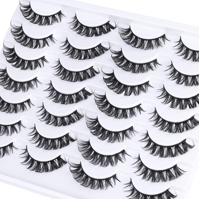 Fake Eyelashes Wispy Faux Mink Lashes D Curly 3D Volume False Lashes Russian Strip Lashes Pack, 14 Pairs