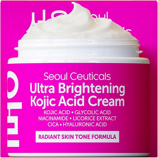 SeoulCeuticals Korean Kojic Acid Cream Dark Spot Remover + Glycolic Acid + Niacinamide + Cica + HA Moisturizer - Cruelty Free K Beauty Skincare 2oz