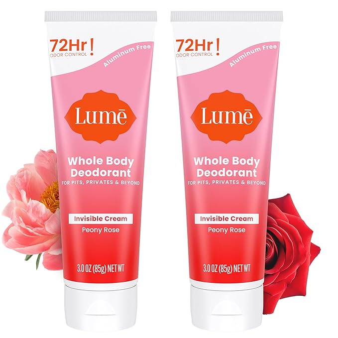 Lume Whole Body Deodorant - Invisible Cream Tube - 72 Hour Odor Control - Aluminum Free, Baking Soda Free, Skin Safe - 3.0 ounce (Pack of 2) (Peony Rose)