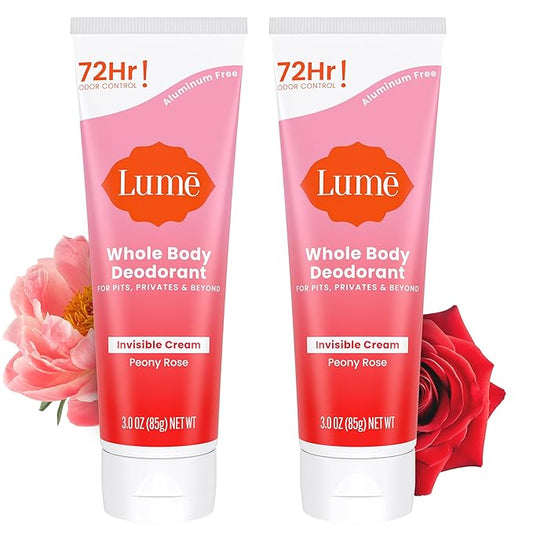 Lume Whole Body Deodorant - Invisible Cream Tube - 72 Hour Odor Control - Aluminum Free, Baking Soda Free, Skin Safe - 3.0 ounce (Pack of 2) (Peony Rose)